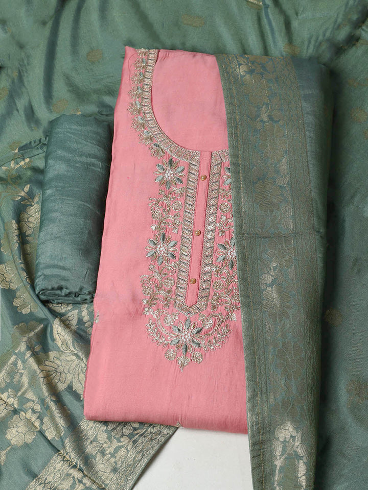 Embroidered Chanderi Unstitched Suit With Pant &amp; Dupatta