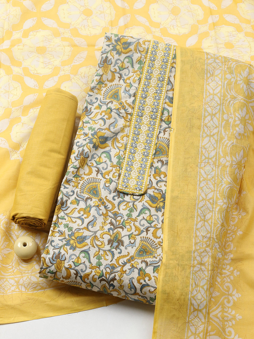 Printed Cotton Blend Unstitched Suit With Pant &amp; Dupatta