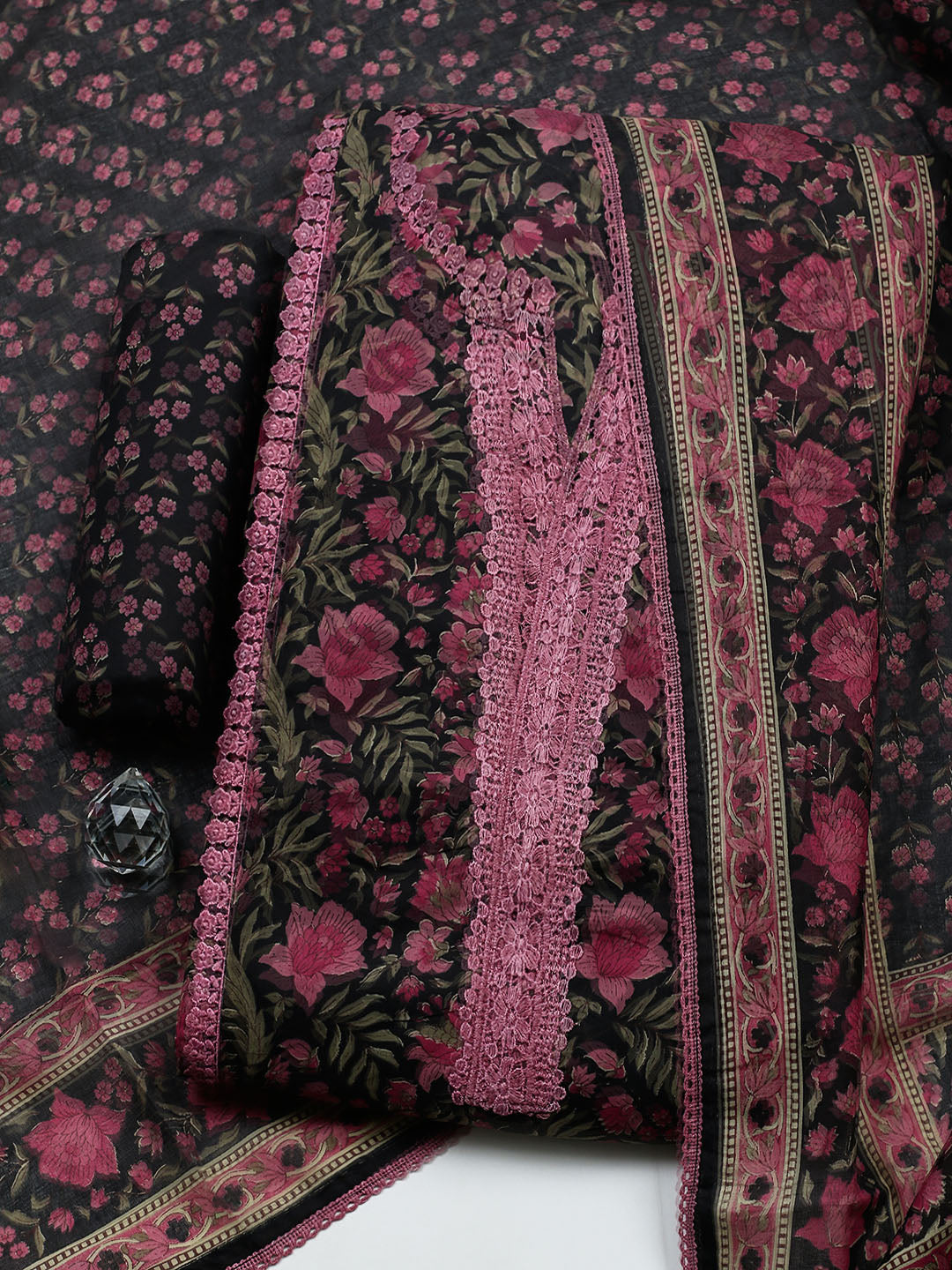Embroidered Cotton Blend Unstitched Suit With Pant &amp; Dupatta