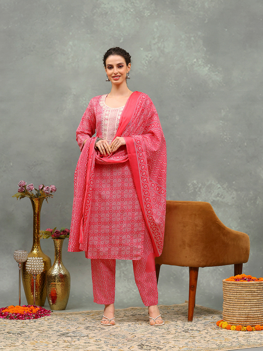 Floral Printed Cotton Kurta With Pants & Dupatta