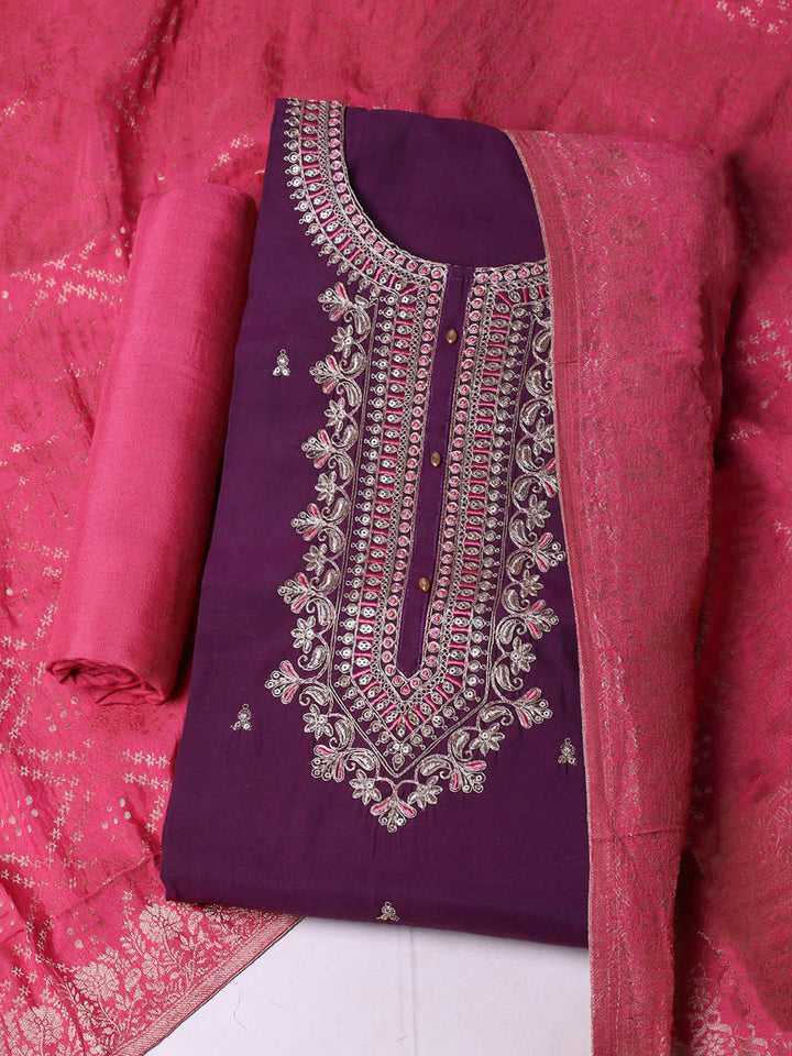 Embroidered Chanderi Unstitched Suit With Pant &amp; Dupatta
