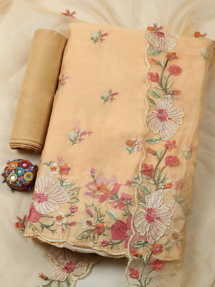 Embroidered Chanderi Unstitched Suit With Pant &amp; Dupatta
