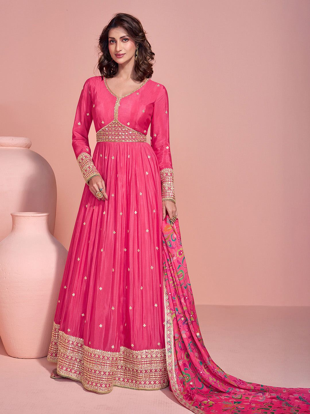 Embroidered Chinon A Line Dress With Dupatta