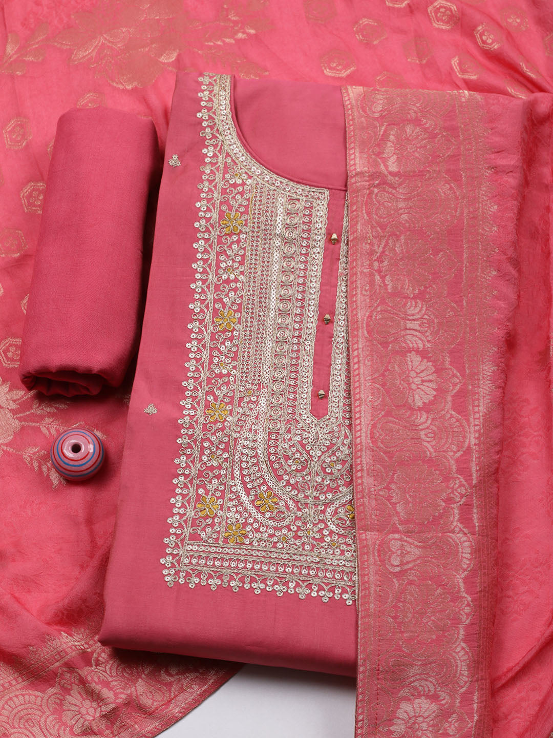 Embroidered Chanderi Unstitched Suit With Pant &amp; Dupatta