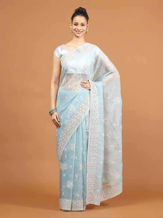 Zari Border Printed Organza Saree