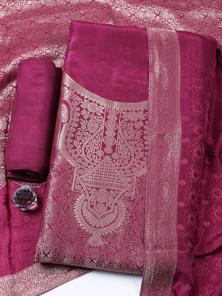 Embroidered Chanderi Unstitched Suit With Pant &amp; Dupatta