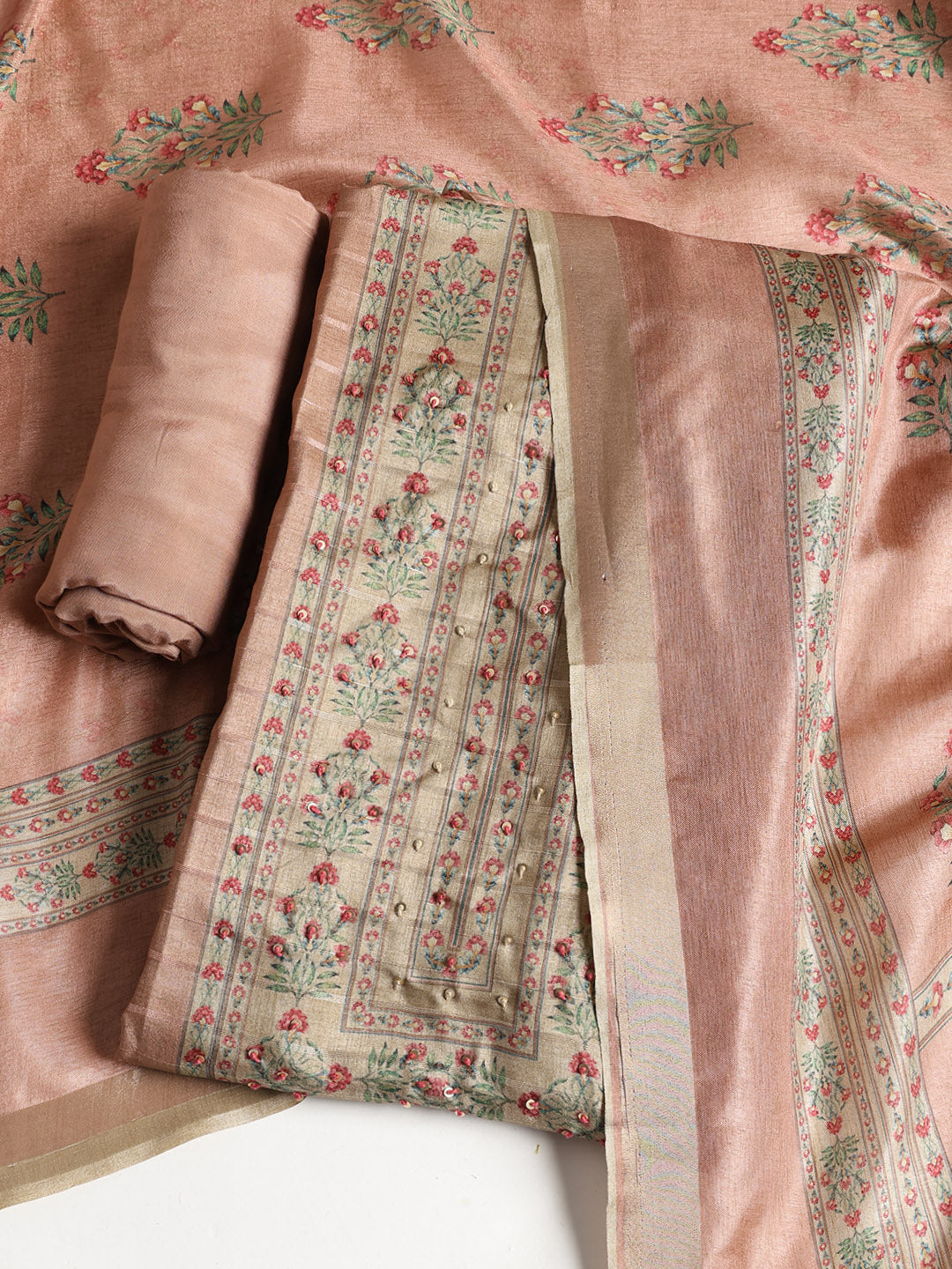 Embroidered Art Silk Unstitched Suit With Dupatta