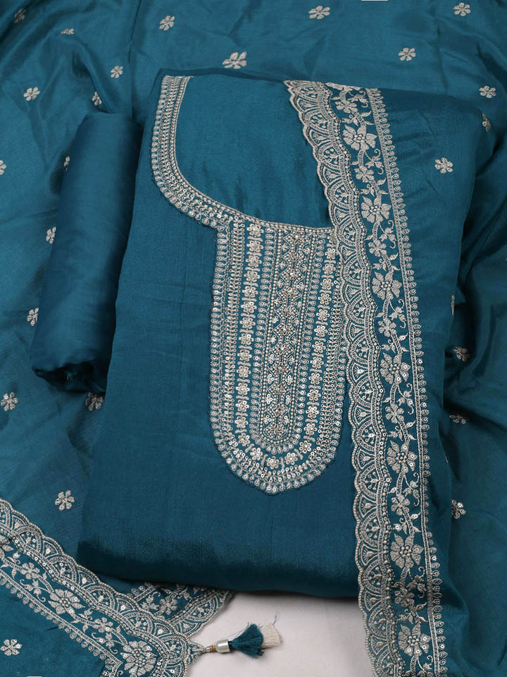 Embroidered Chinon Unstitched Suit With Pant &amp; Dupatta