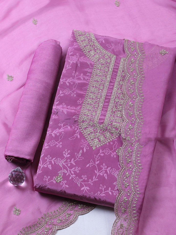 Embroidered Chanderi Unstitched Suit With Pant &amp; Dupatta