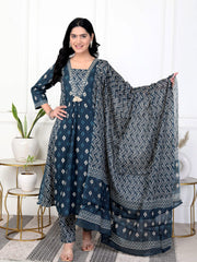 Printed Cotton Blend Kurta With Pants & Dupatta