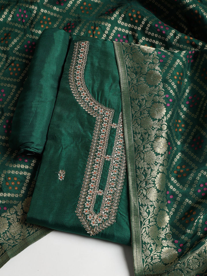 Neck Embroidered Chanderi Unstitched Suit With Dupatta