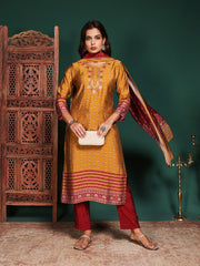 Floral Printed Art Silk Kurta With Pant & Dupatta