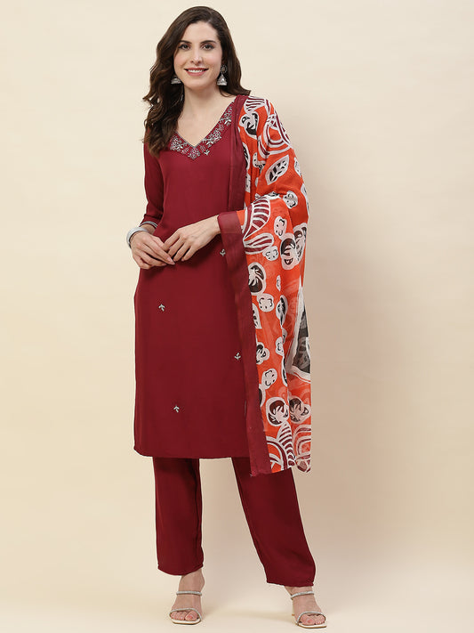 Neck Embroidery Cotton Kurta With Pants & Dupatta