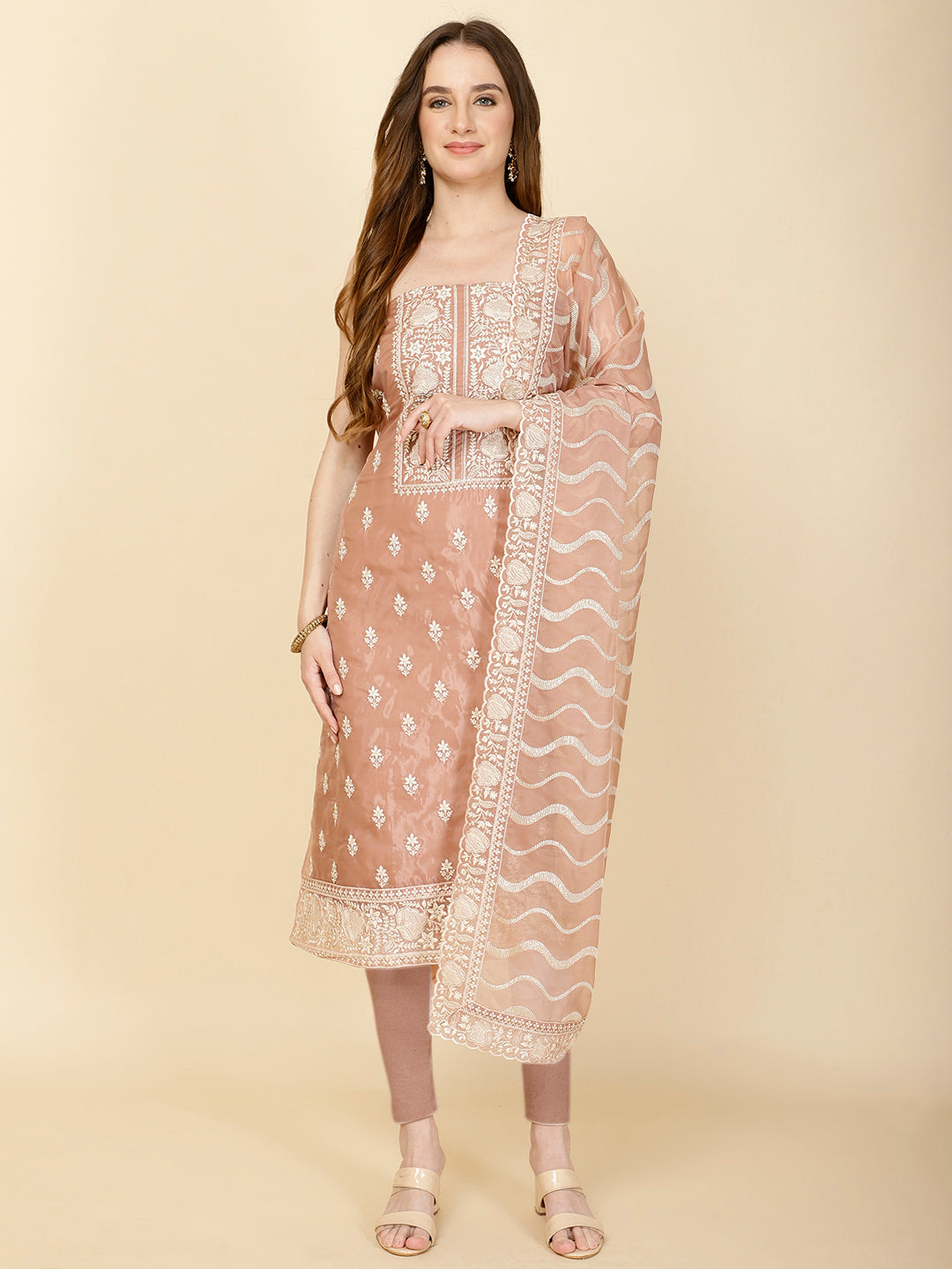 Floral Embroidery Organza Unstitched Suit Piece With Dupatta