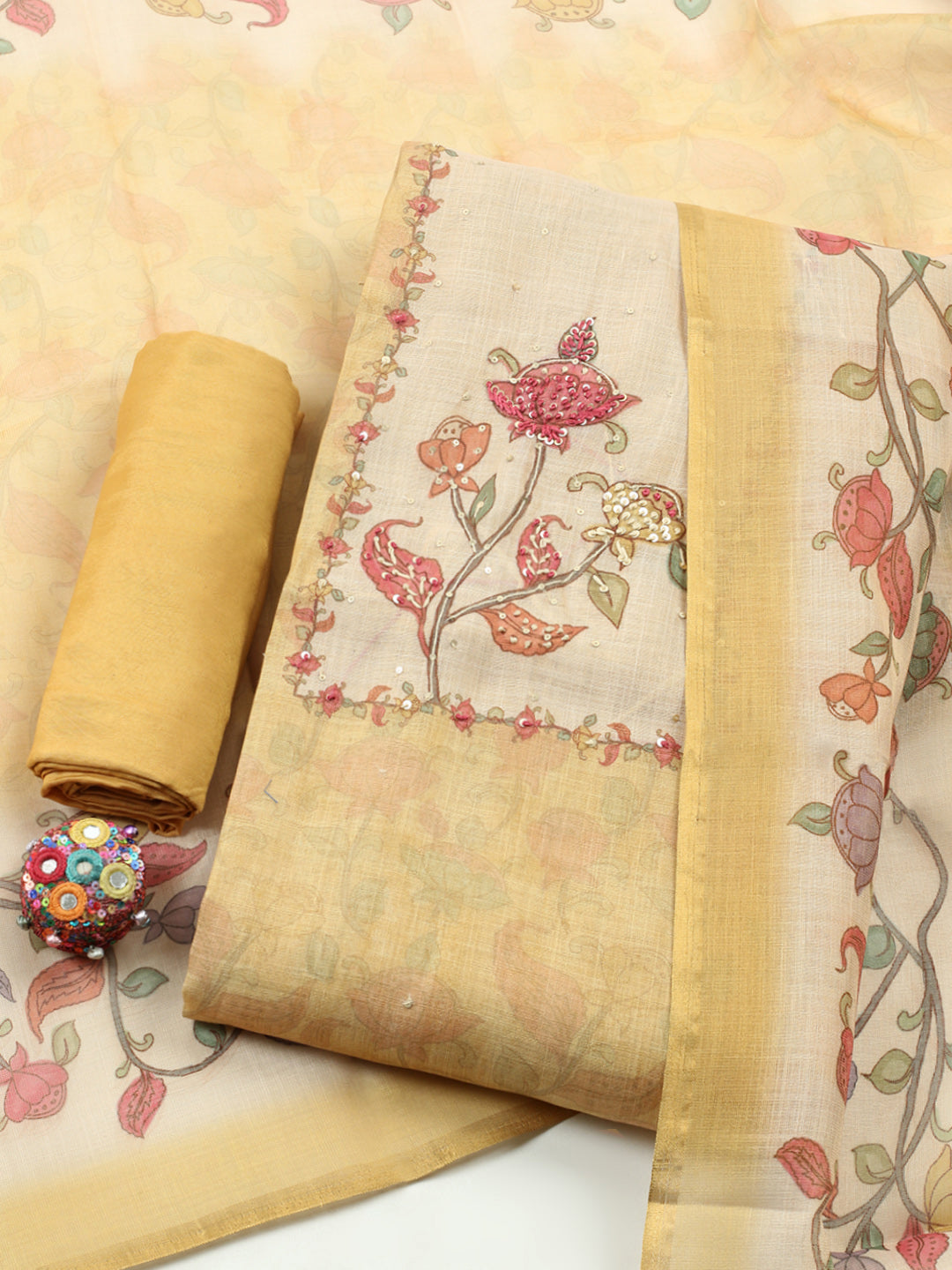 Printed Linen Blend Unstitched Suit With Pant &amp; Dupatta