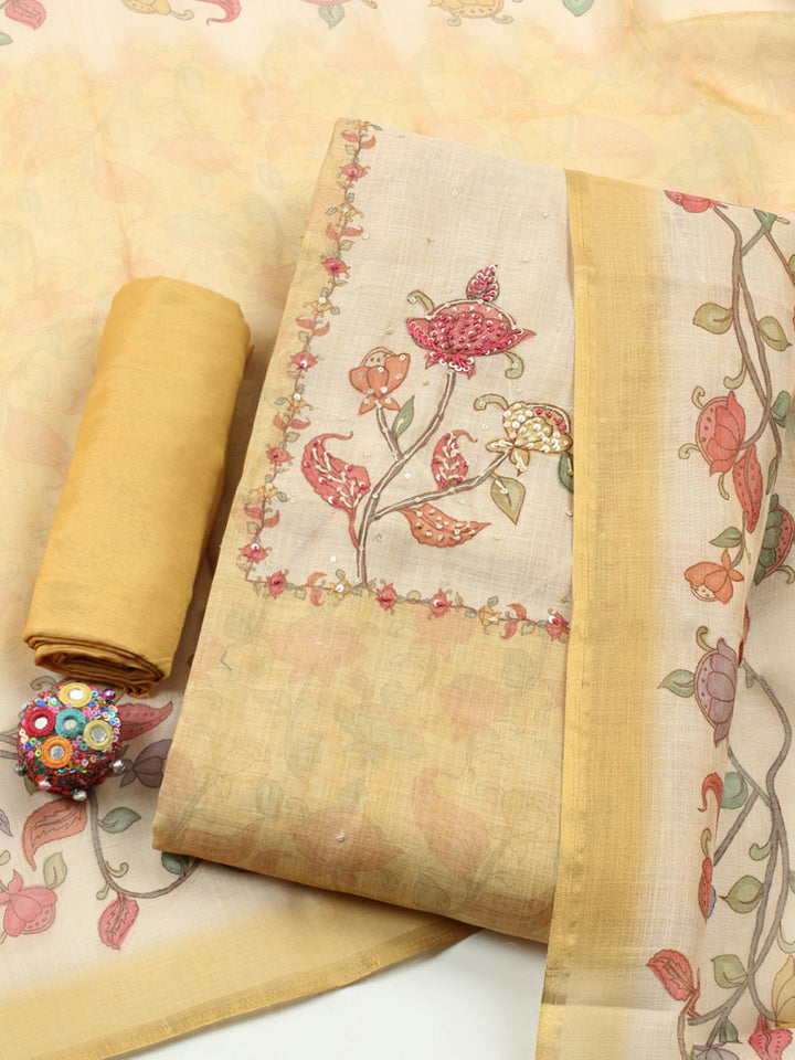 Printed Linen Blend Unstitched Suit With Pant &amp; Dupatta