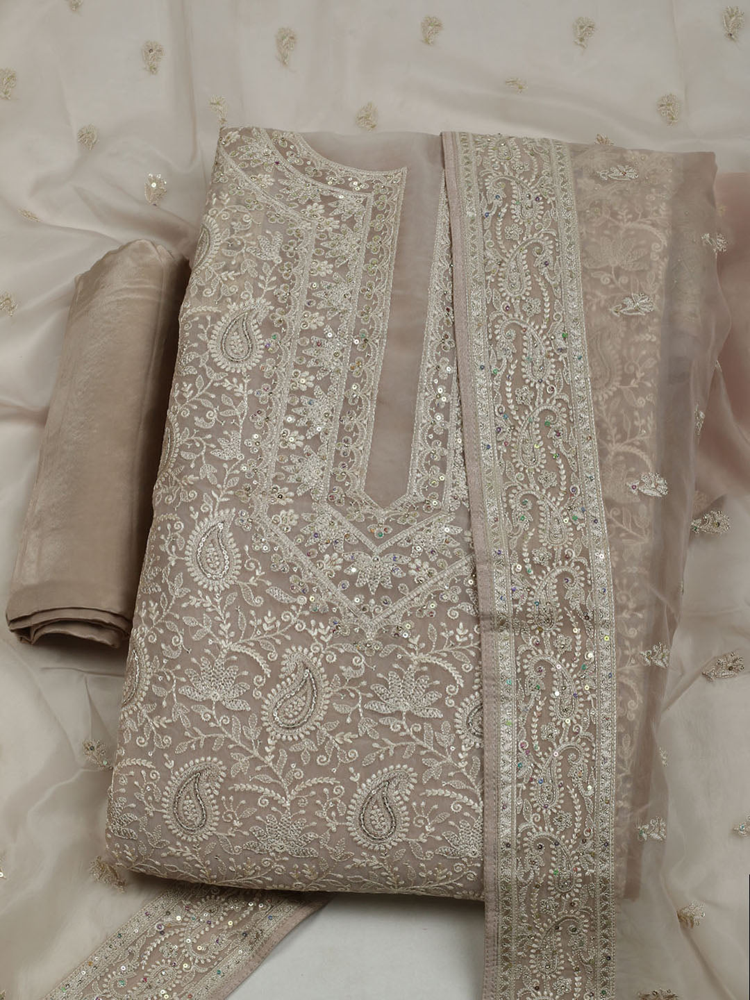 Chikan Work Organza Unstitched Suit With Dupatta