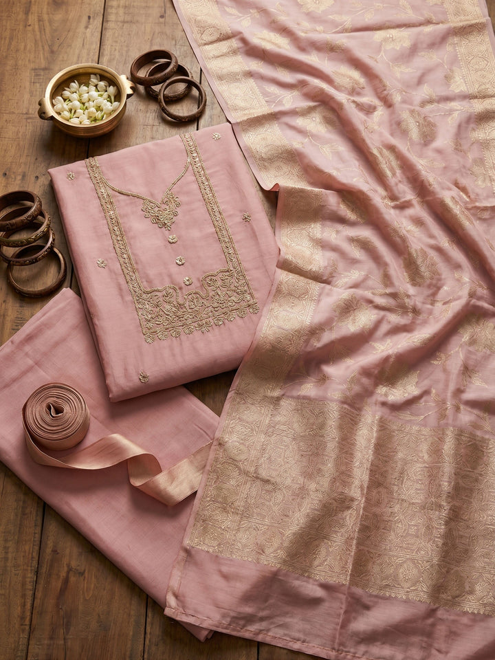 Neck Embroidered Cotton Blend Unstitched Suit With Dupatta