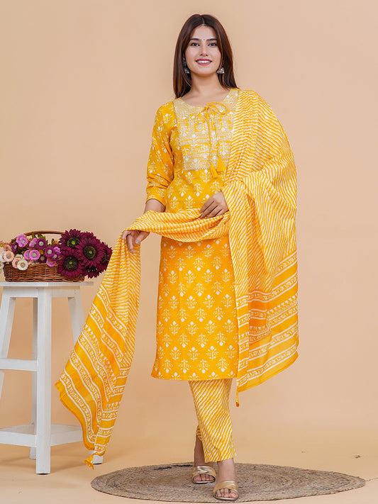 Printed Cotton Blend Kurta With Pants & Dupatta