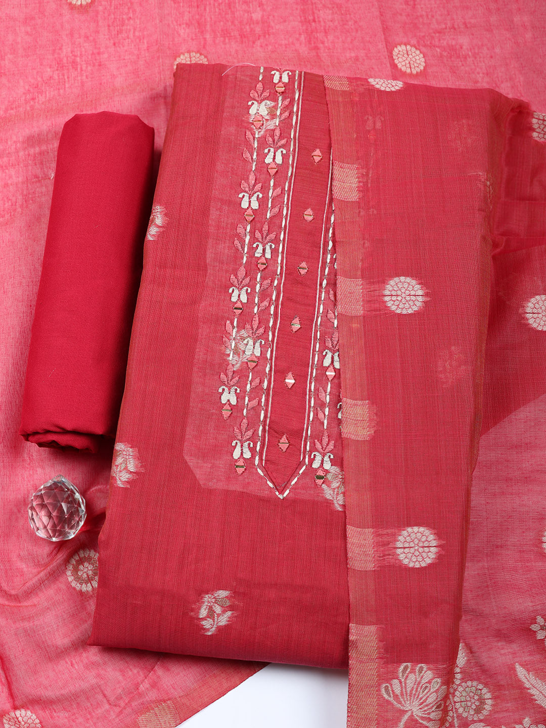 Embroidered Cotton Blend Unstitched Suit With Pant &amp; Dupatta