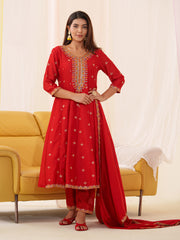 Embroidery Cotton Kurta With Pants & Dupatta