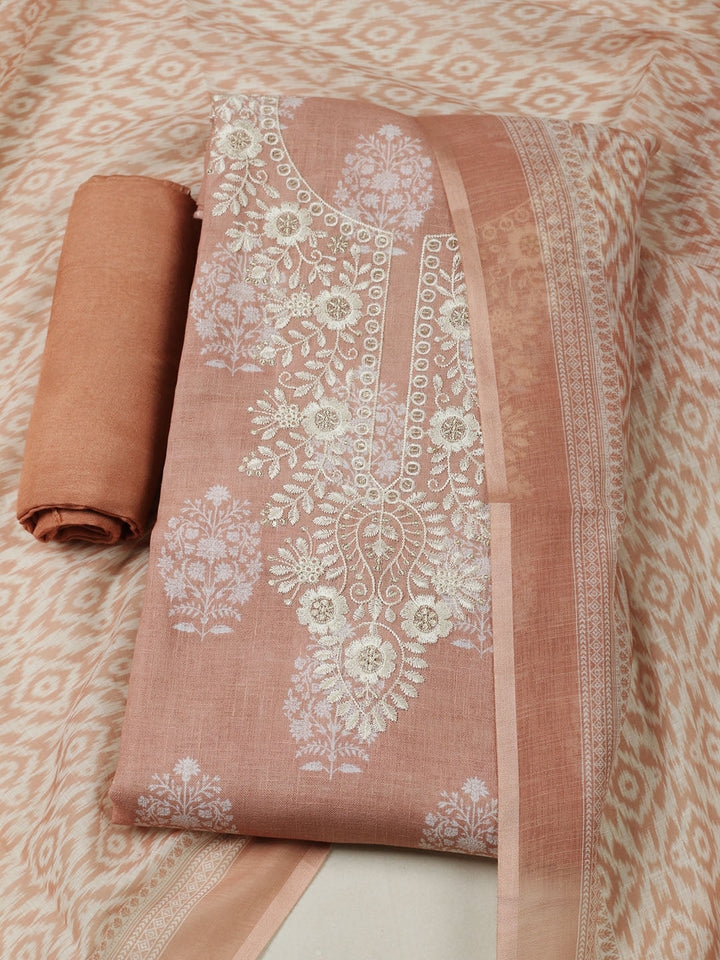 Embroidered Linen Blend Unstitched Suit With Pant &amp; Dupatta
