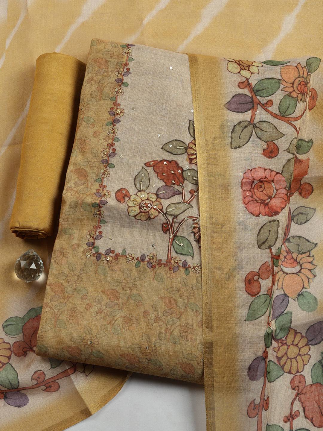 Printed Linen Blend Unstitched Suit With Pant &amp; Dupatta