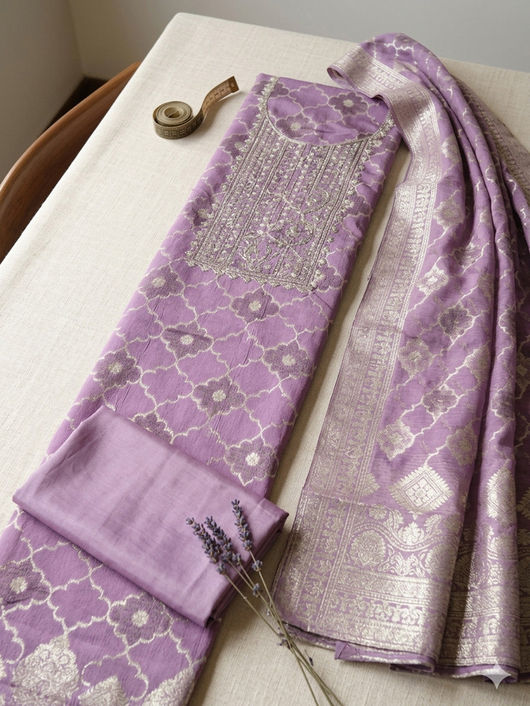 Embroidered Chanderi Unstitched Suit With Pant &amp; Dupatta
