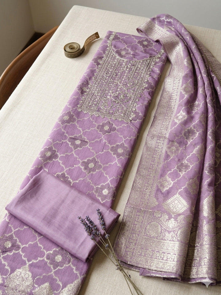 Embroidered Chanderi Unstitched Suit With Pant &amp; Dupatta