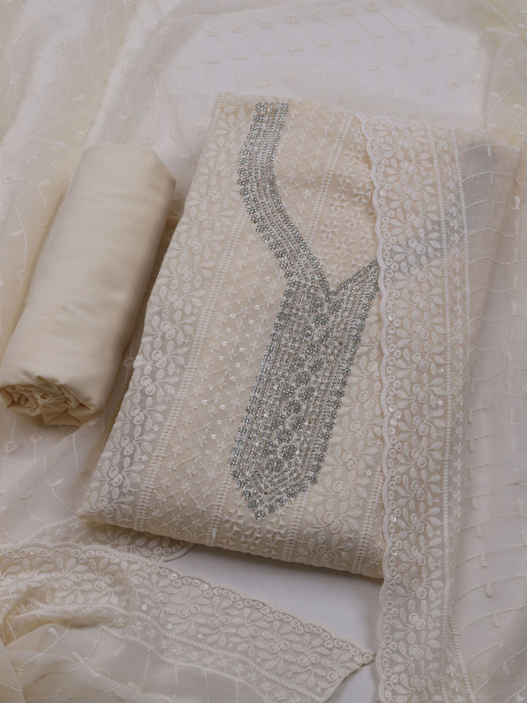 Chikan Work Georgette Unstitched Suit With Dupatta