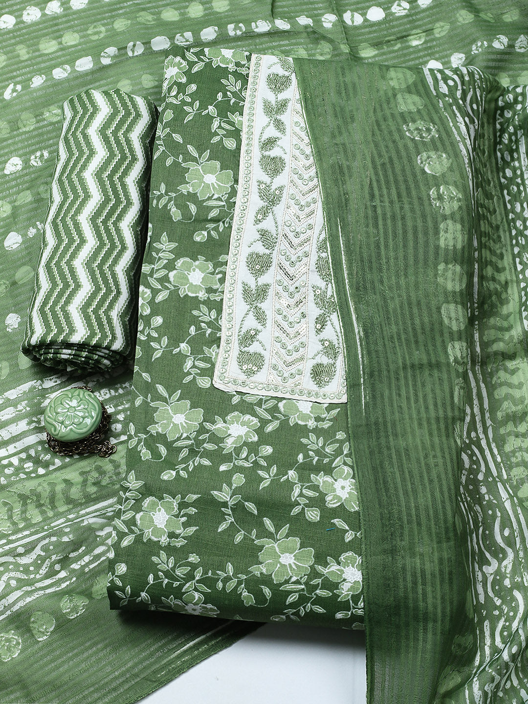 Printed Cotton Blend Unstitched Suit With Pant &amp; Dupatta