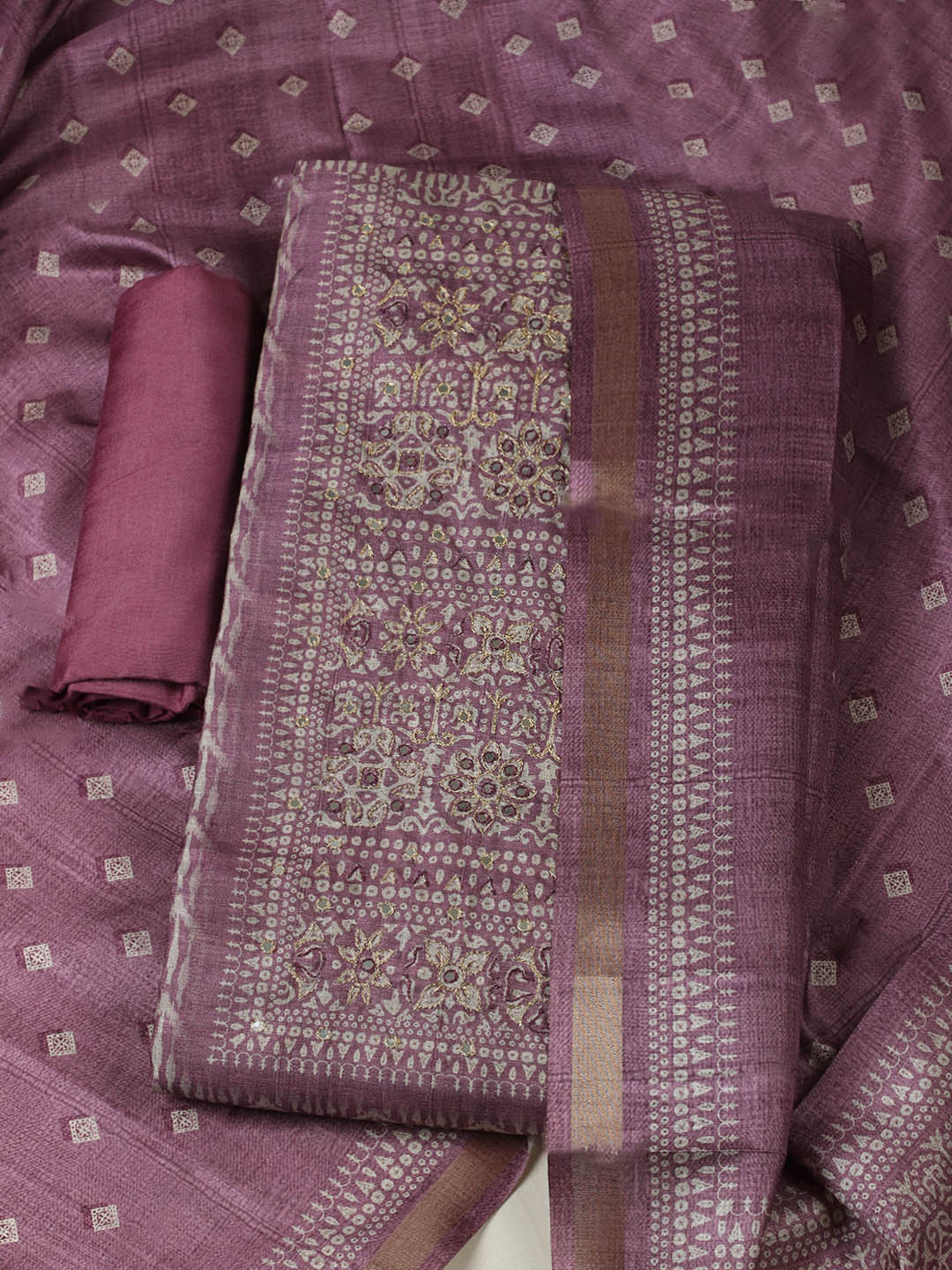 Printed Tussar Unstitched Suit With Pant &amp; Dupatta