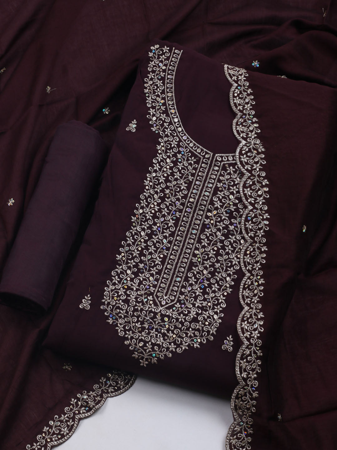 Neck Embroidered Chanderi Unstitched Suit With Dupatta