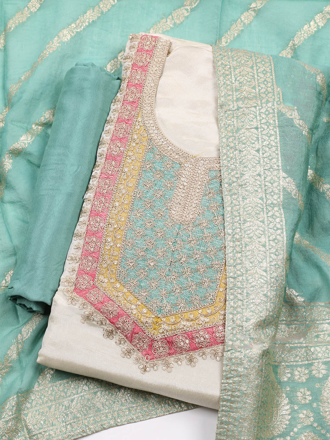 Neck Embroidered Tissue Unstitched Suit Piece With Dupatta