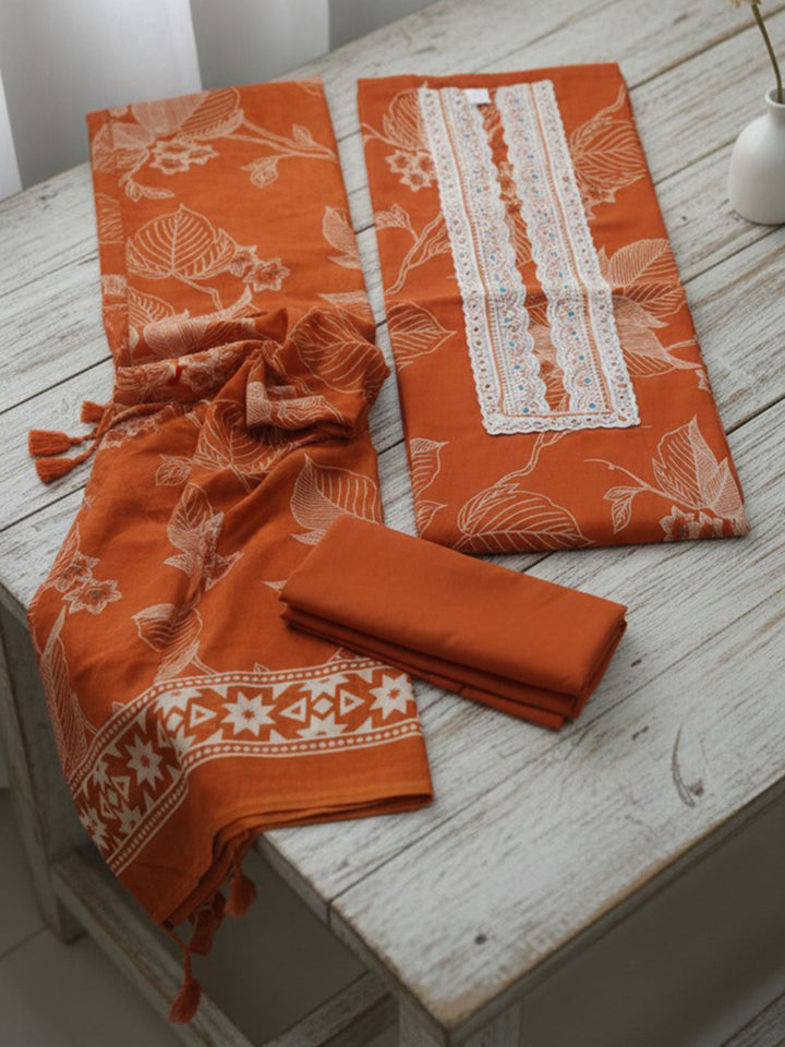 Printed Cotton Blend Unstitched Suit With Pant &amp; Dupatta