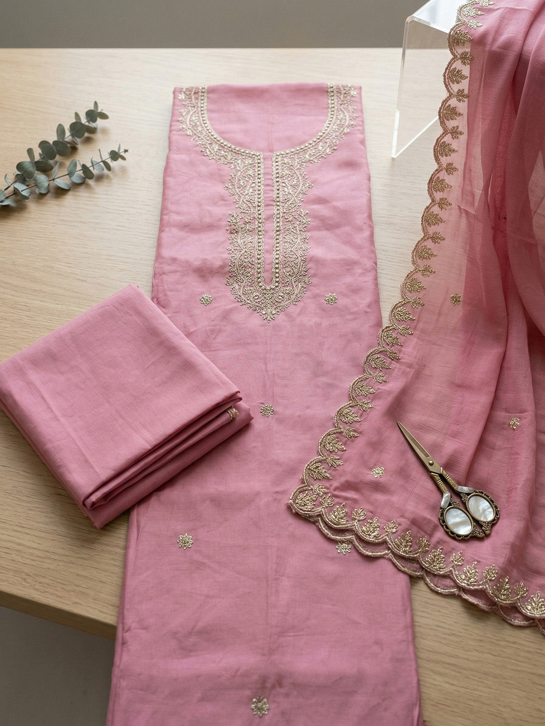 Embroidered Chanderi Unstitched Suit With Pant &amp; Dupatta