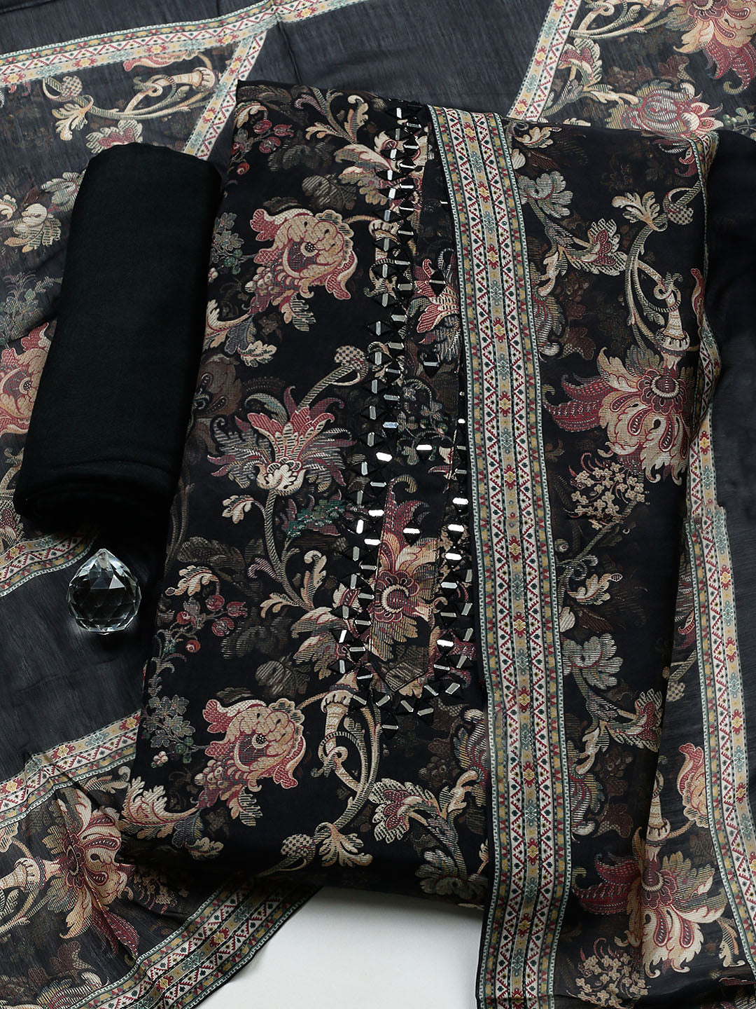 Embellished Muslin Unstitched Suit With Pant &amp; Dupatta