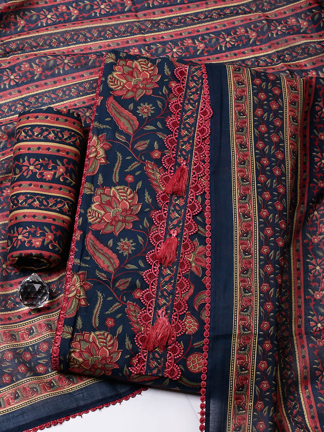 Embroidered Cotton Blend Unstitched Suit With Pant &amp; Dupatta