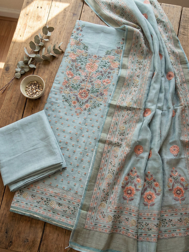 Embroidered Cotton Blend Unstitched Suit With Pant &amp; Dupatta