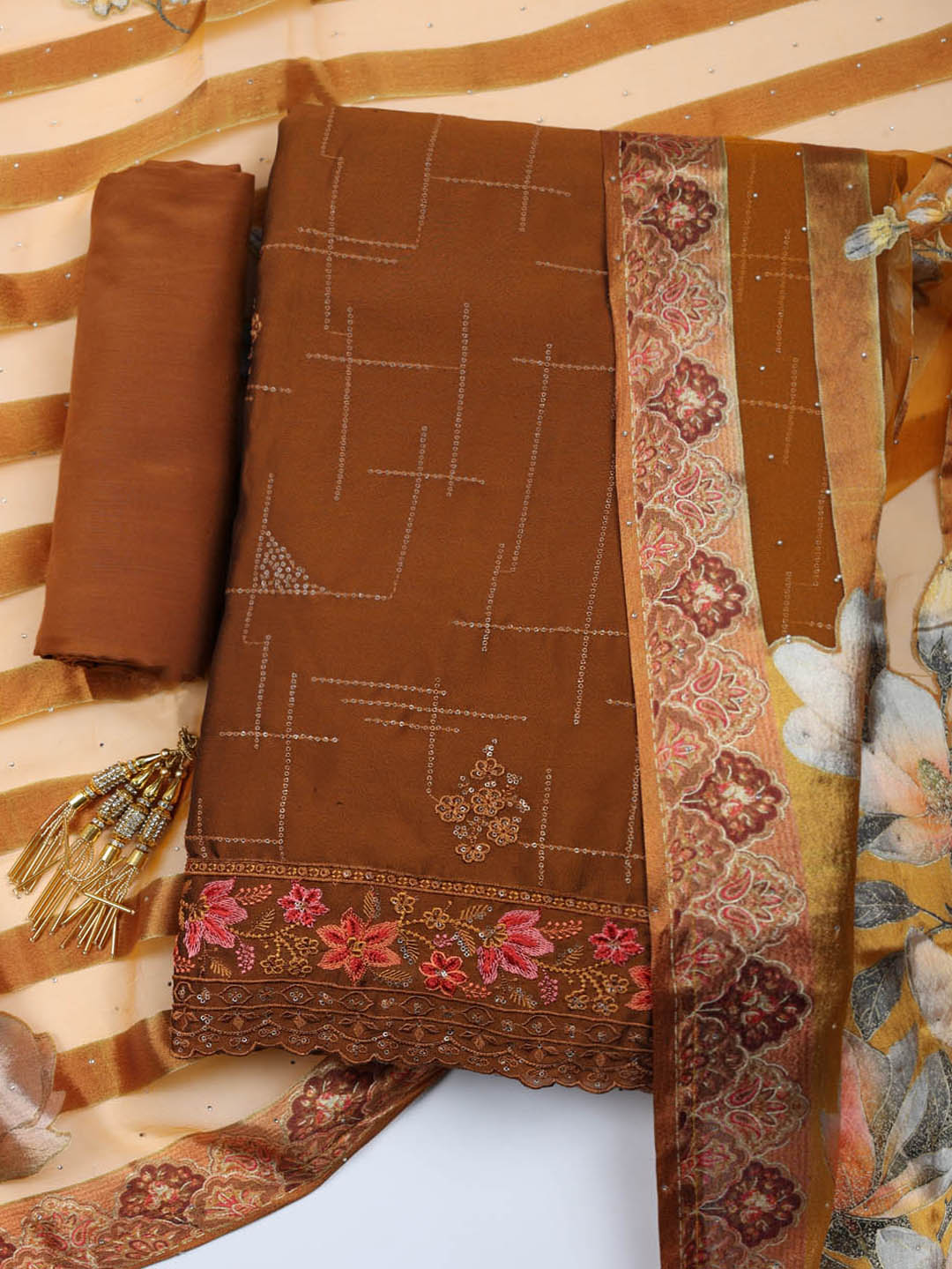 Woven Design Georgette Unstitched Suit With Pant &amp; Dupatta