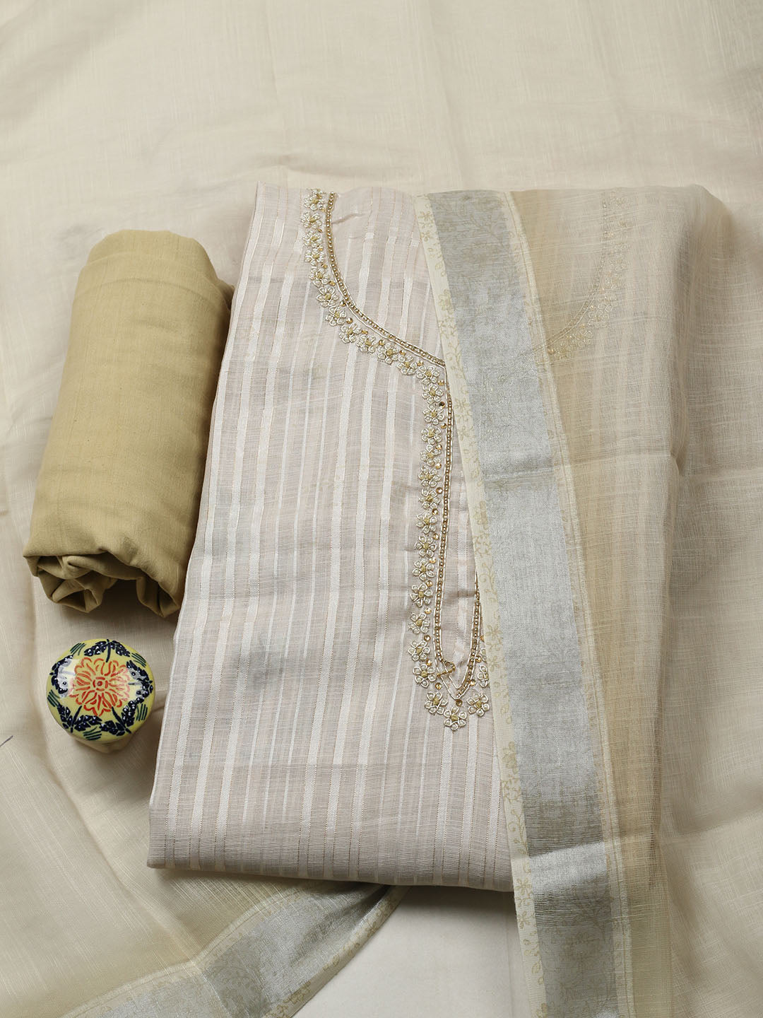 Embroidered Cotton Blend Unstitched Suit With Pant &amp; Dupatta