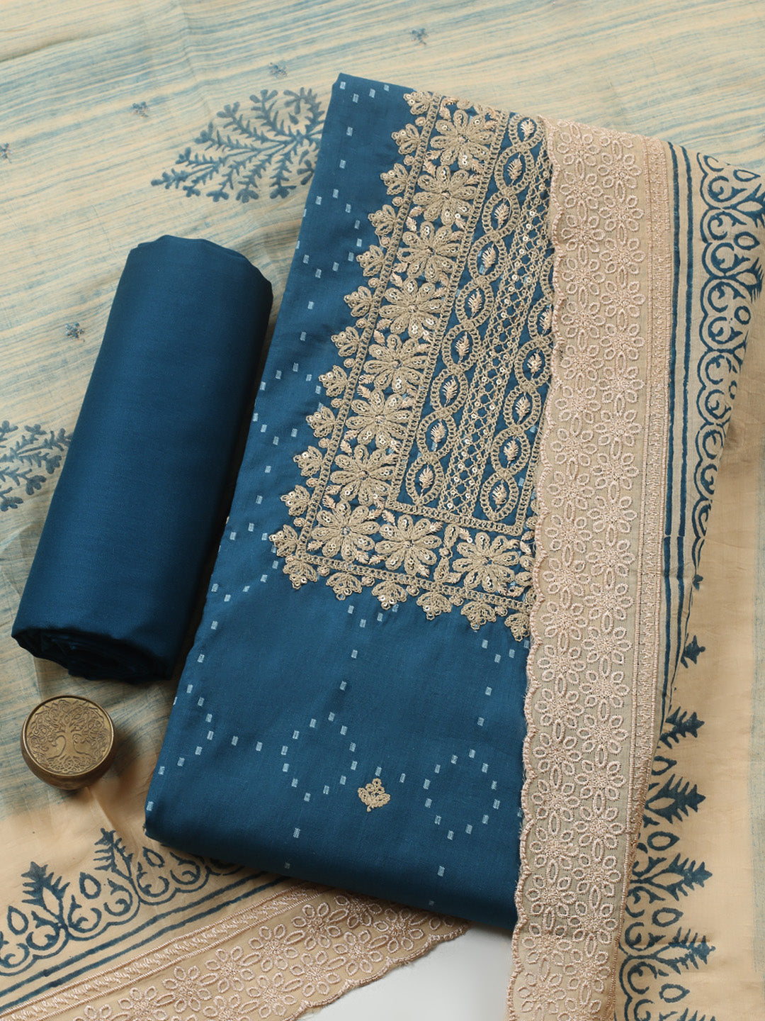 Embroidered Cotton Blend Unstitched Suit With Pant &amp; Dupatta