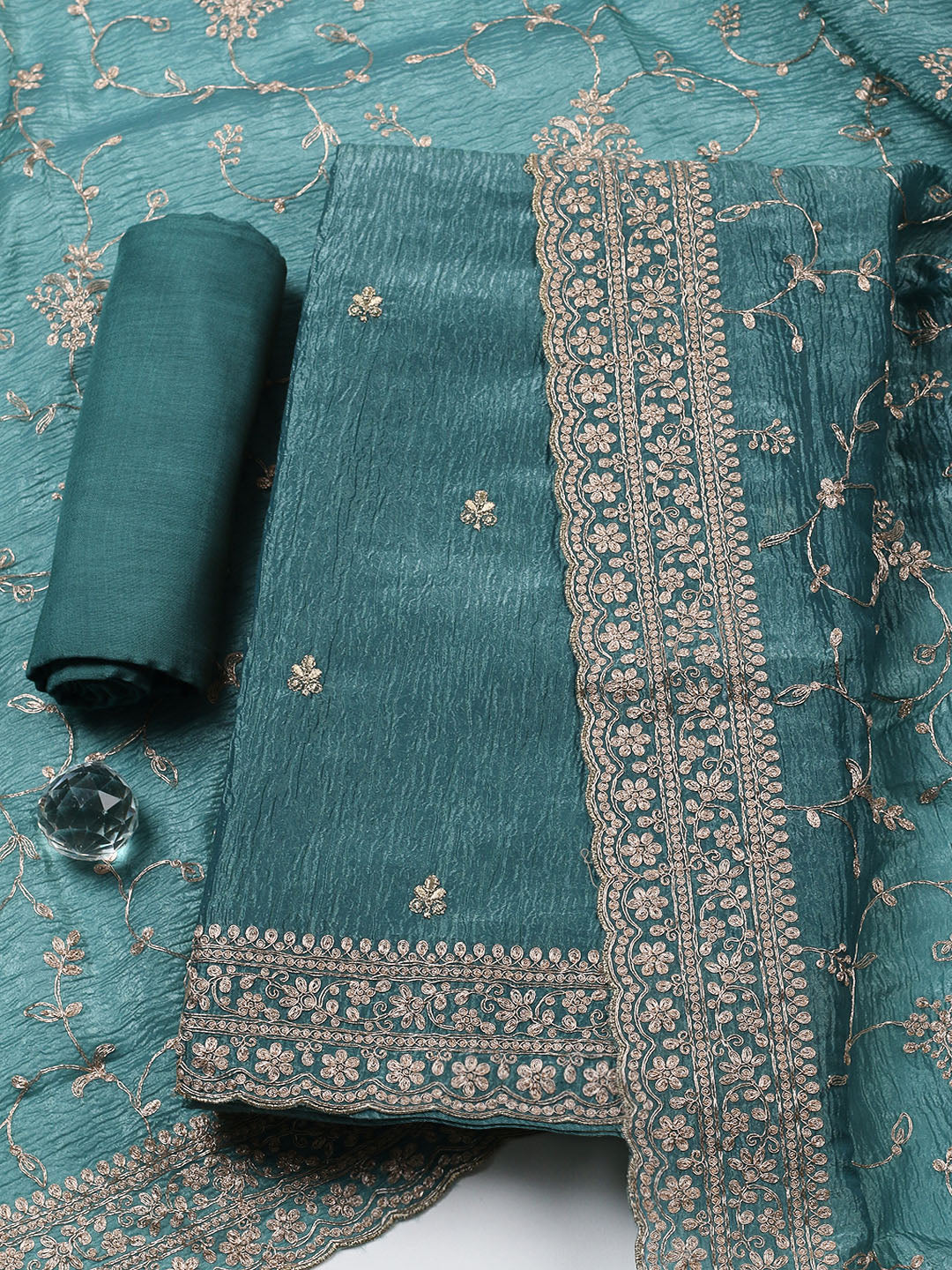 Woven Design Chanderi Unstitched Suit With Pant &amp; Dupatta