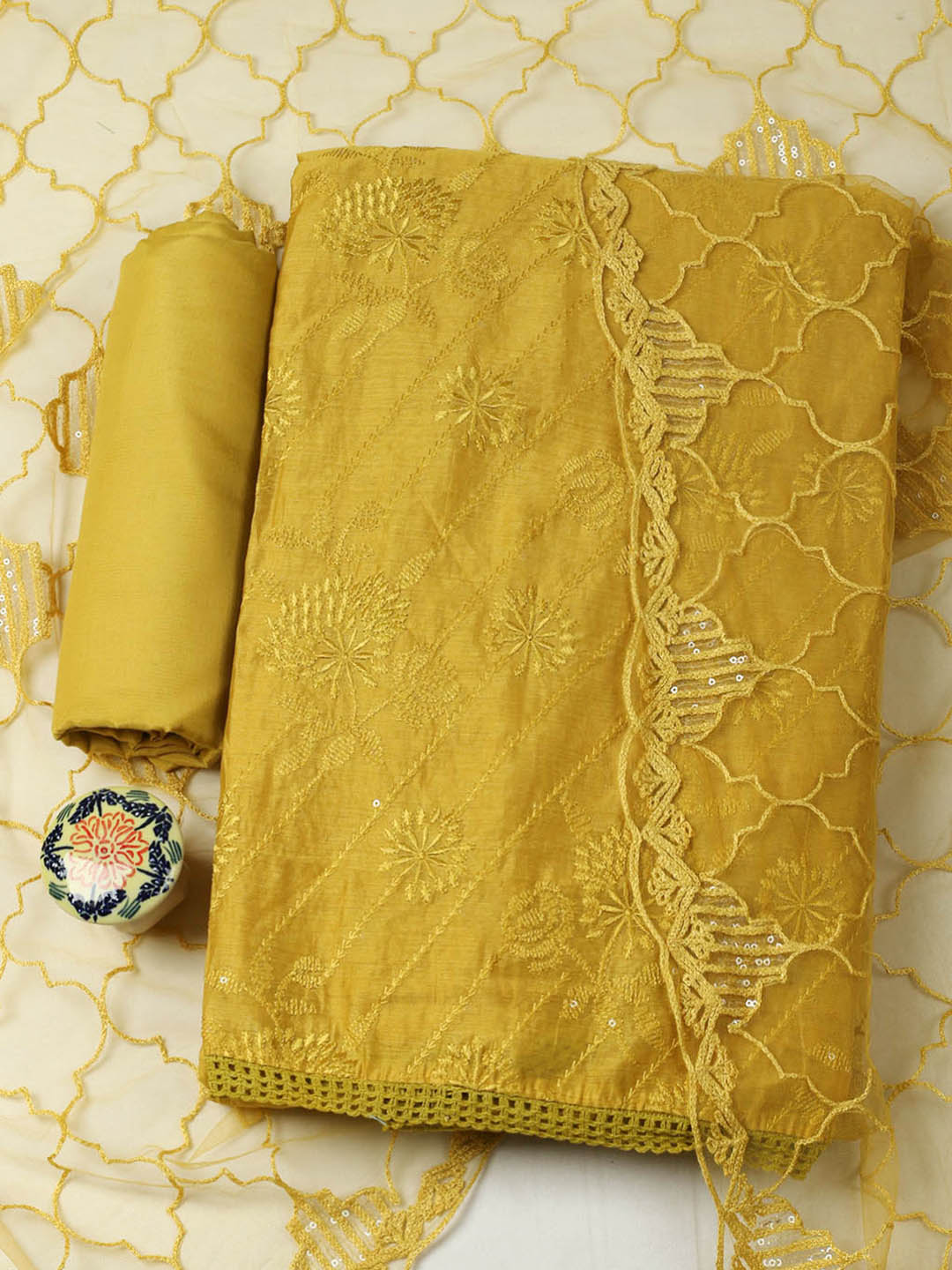 Embroidered Chanderi Unstitched Suit With Pant &amp; Dupatta