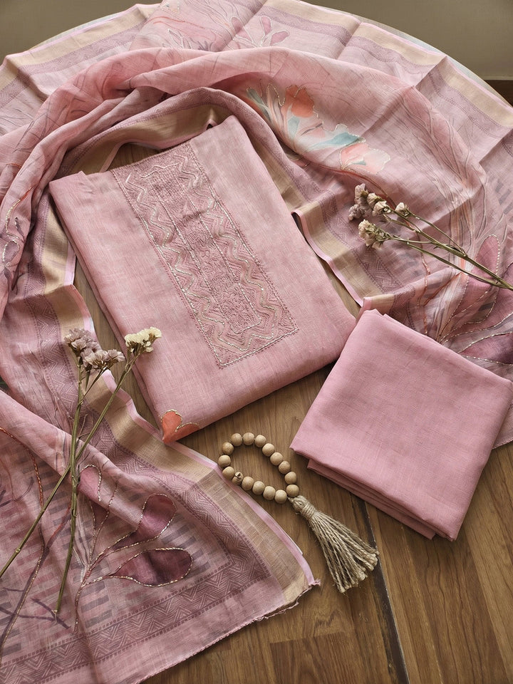 Printed Linen Blend Unstitched Suit With Pant &amp; Dupatta