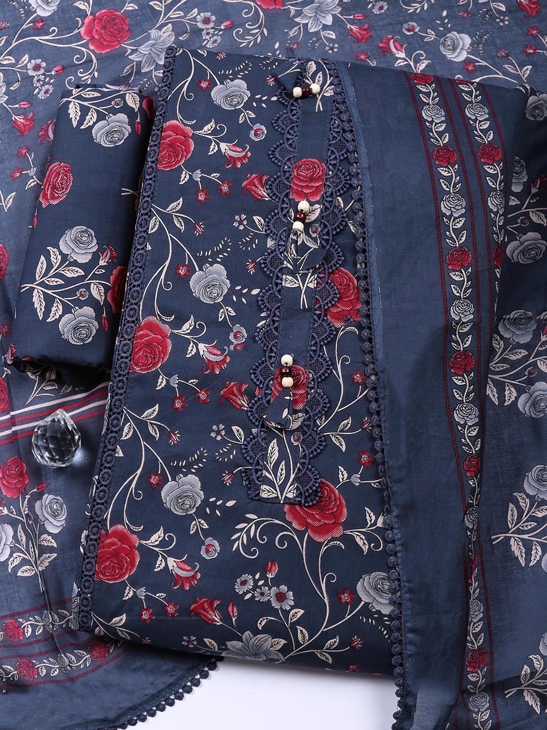 Embroidered Cotton Blend Unstitched Suit With Pant Dupatta