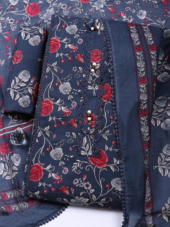 Embroidered Cotton Blend Unstitched Suit With Pant Dupatta
