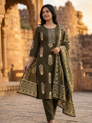 Embroidered Cotton Blend Kurta With Pant & Dupatta