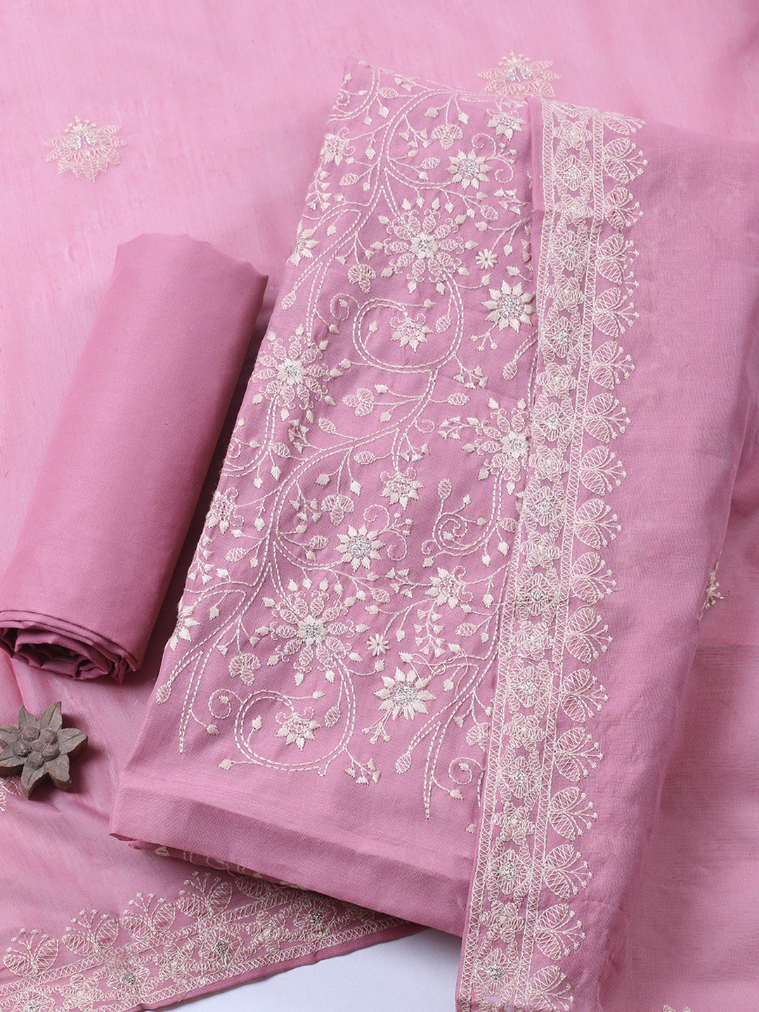 Embroidered Chanderi Unstitched Suit With Pant &amp; Dupatta