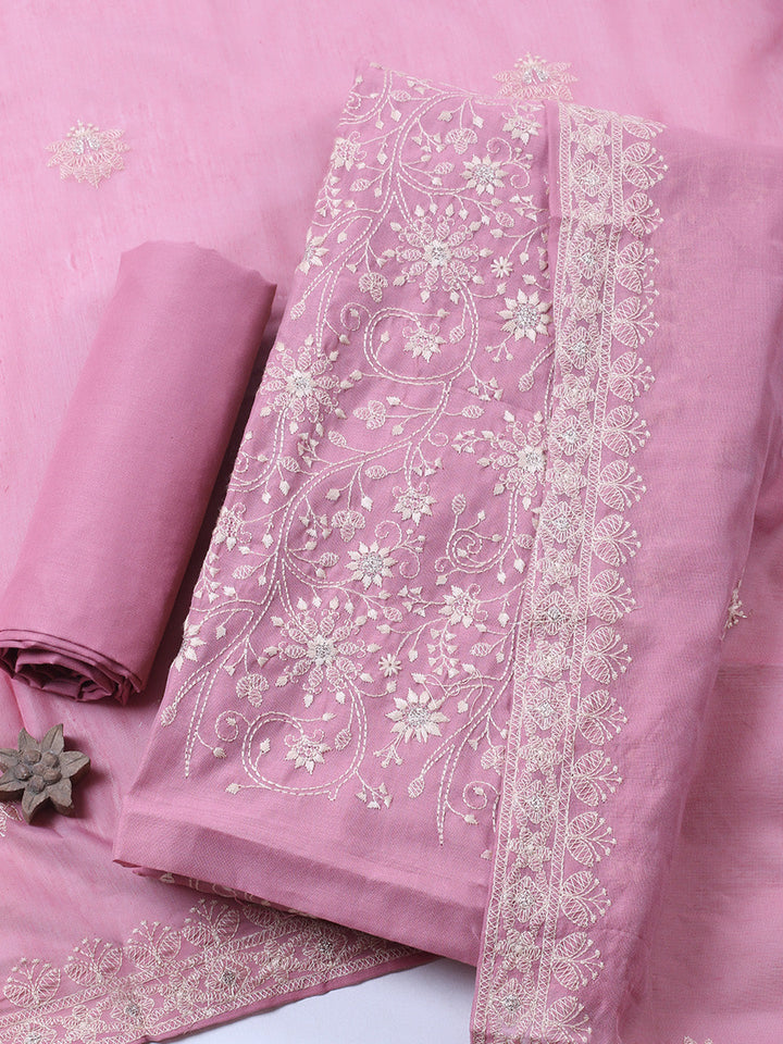Embroidered Chanderi Unstitched Suit With Pant &amp; Dupatta